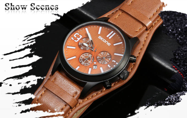 SKONE 9449EG Male Quartz Watch 24 Hours System Stopwatch Luminous Wristwatch