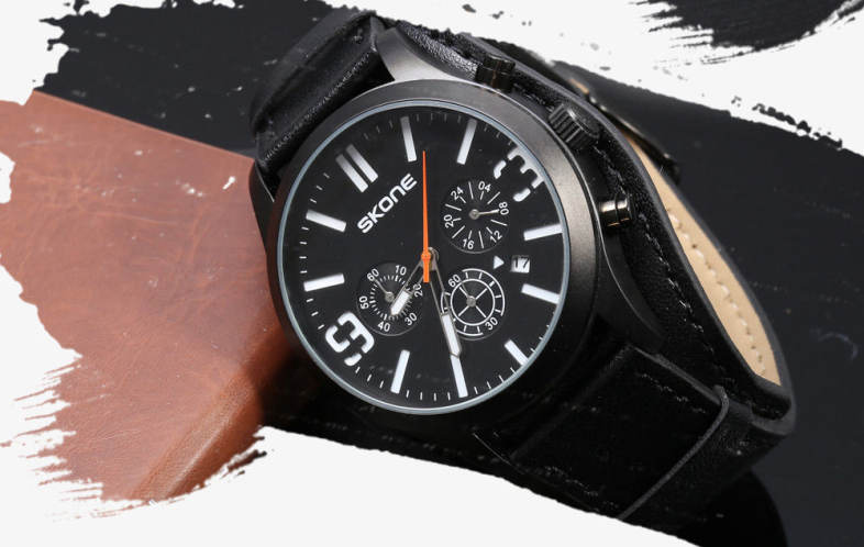 SKONE 9449EG Male Quartz Watch 24 Hours System Stopwatch Luminous Wristwatch