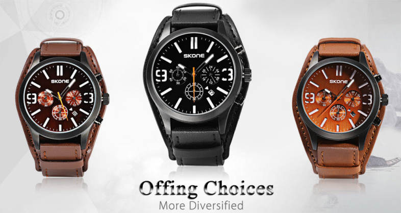 SKONE 9449EG Male Quartz Watch 24 Hours System Stopwatch Luminous Wristwatch