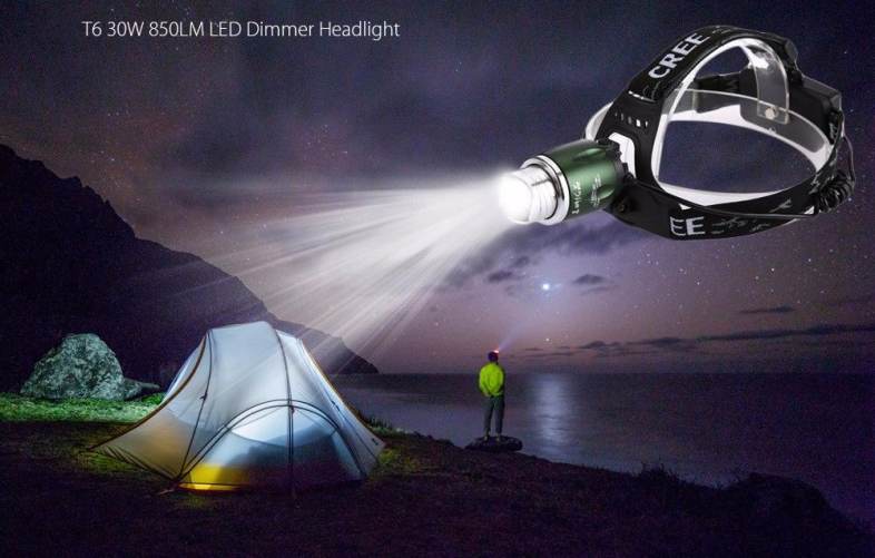T6 DC 5V 30W 850LM LED Dimmer Headlight 3 Modes Focus Headlamp Flashlight