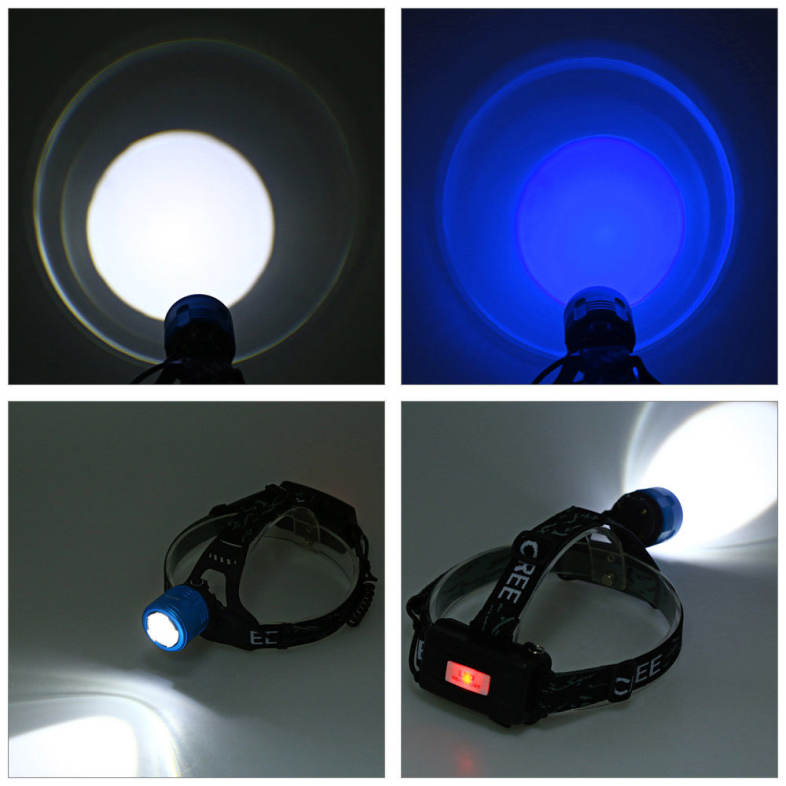 20W 850LM T6 LED Headlight Blue White Adjustable Focus Fishing Light