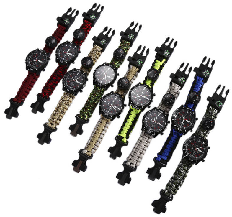 EMAK Multifunctional Survival Paracord Bracelet Scraper Whistle Thermometer Flint Fire Starter Gear Bangle Watch