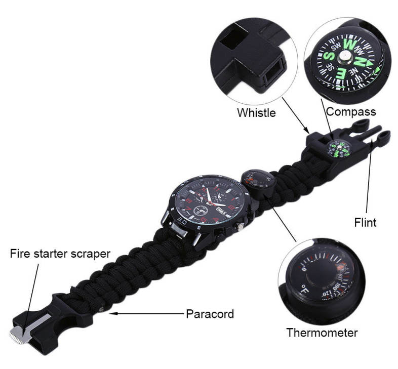 EMAK Multifunctional Survival Paracord Bracelet Scraper Whistle Thermometer Flint Fire Starter Gear Bangle Watch