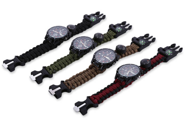 EMAK Multifunctional Survival Paracord Bracelet Scraper Whistle Thermometer Flint Fire Starter Gear Bangle Watch