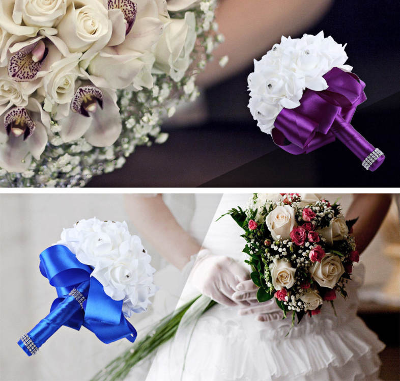 PE Foam Wedding Bouquet Bride Bridesmaid Holding Rose Flower with Rhinestone Ribbon