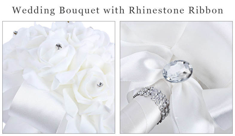 PE Foam Wedding Bouquet Bride Bridesmaid Holding Rose Flower with Rhinestone Ribbon