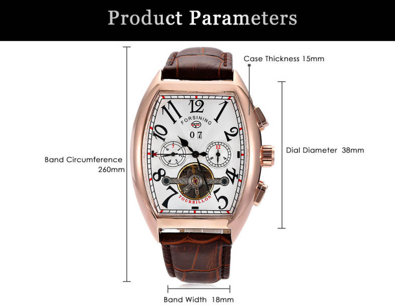 Forsining F201672801 Male Auto Mechanical Watch Tourbillon Date Day Month Display Wristwatch