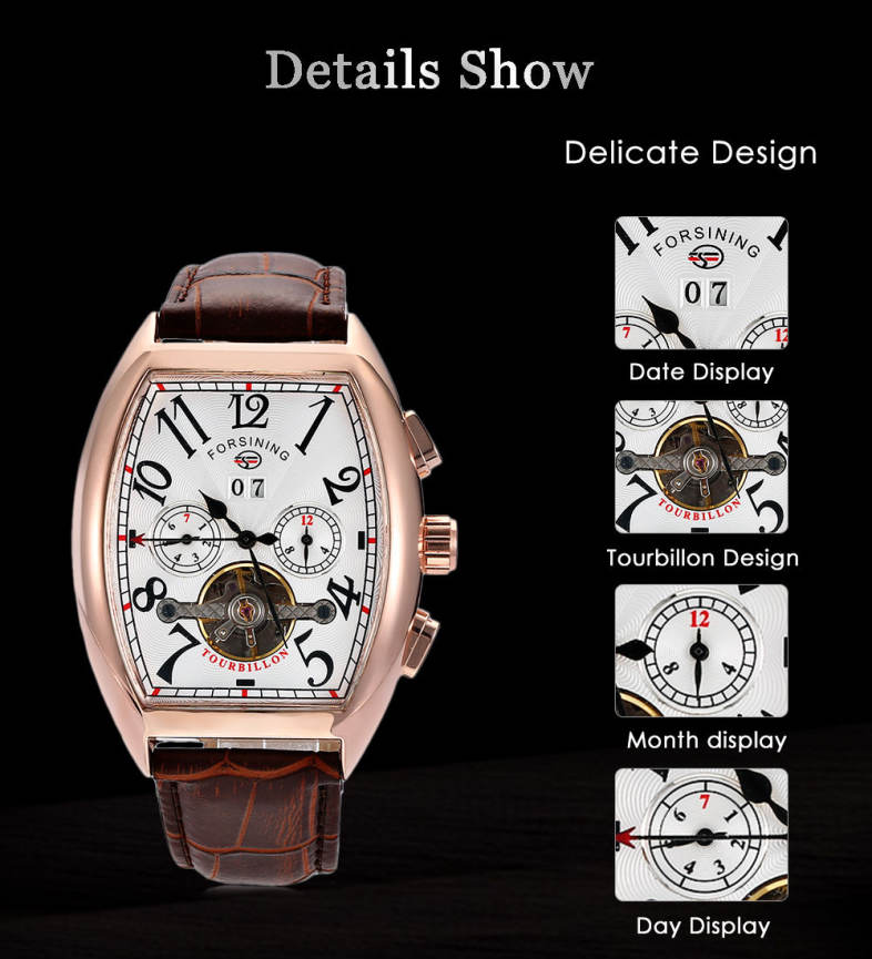 Forsining F201672801 Male Auto Mechanical Watch Tourbillon Date Day Month Display Wristwatch
