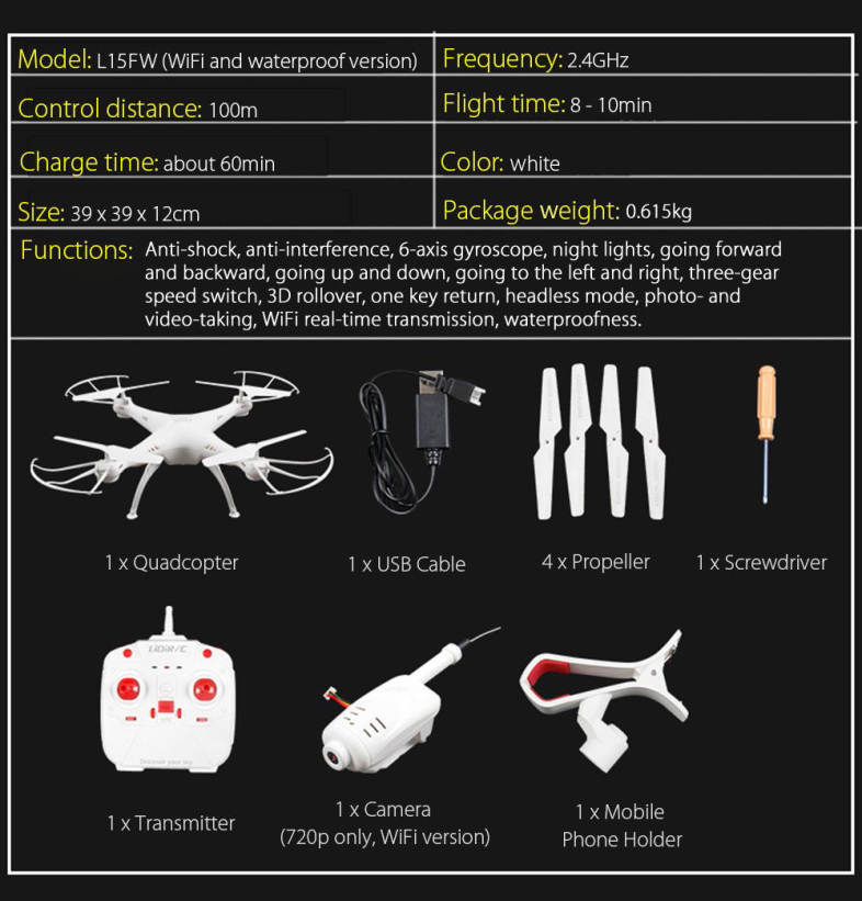 LiDiRC L15FW WiFi FPV 2.4GHz 4CH 6 Axis Gyro Waterproof Brushed RC Quadcopter