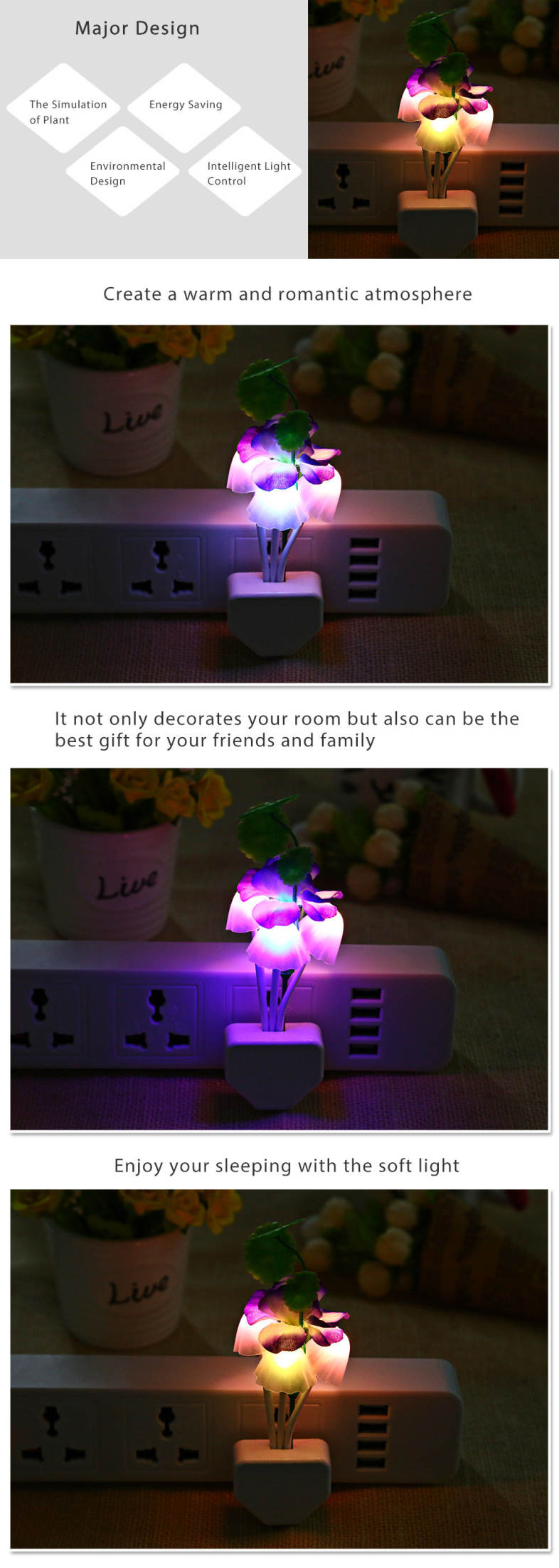 Mushroom Color Changing LED Sensor Night Light Plum Flower Decorative Wall Lamp
