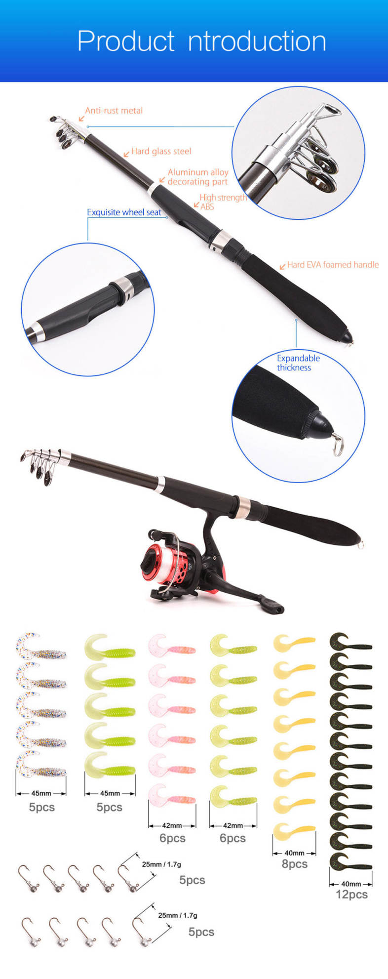 LEO 1.6M Telescopic Fishing Rod Kit with Fish Reel Lure Hook Tackle