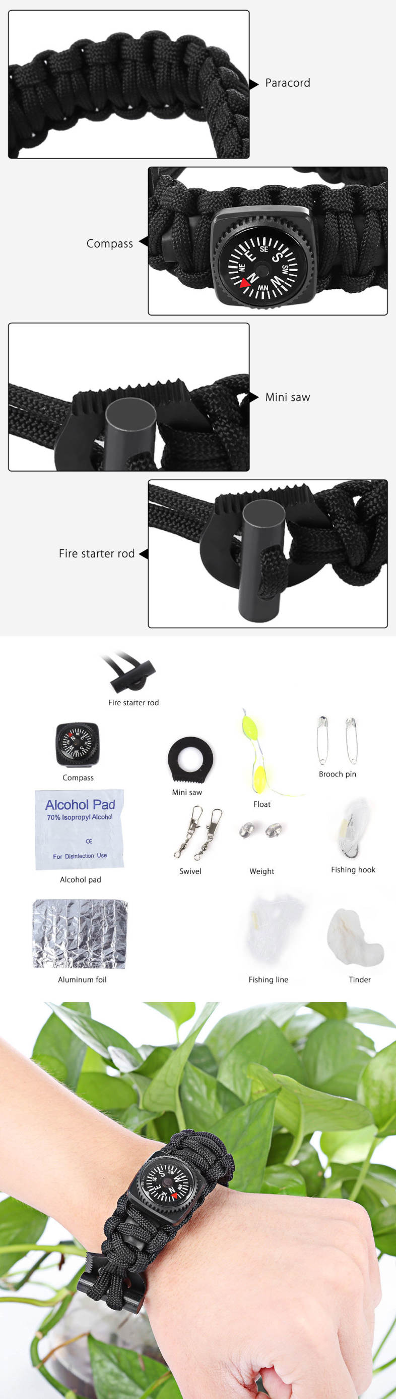 Emergency Paracord Outdoor Survival Utility Bracelet Kit with Mini Saw Compass