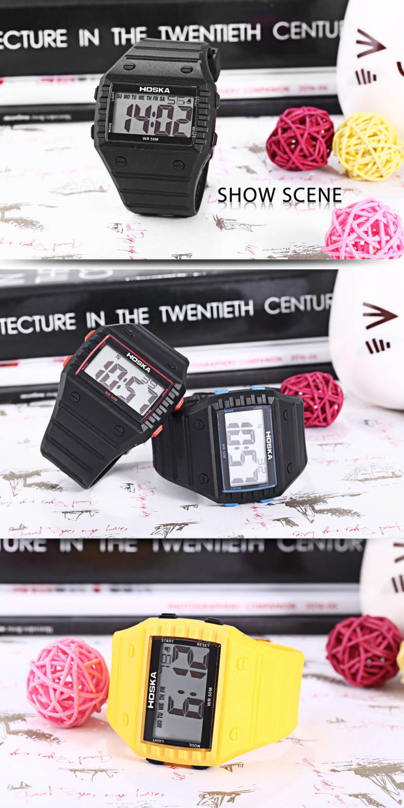 HOSKA H033B Children Digital Watch Alarm Day Stopwatch Backlight Rectangle Dial 5ATM Wristwatch