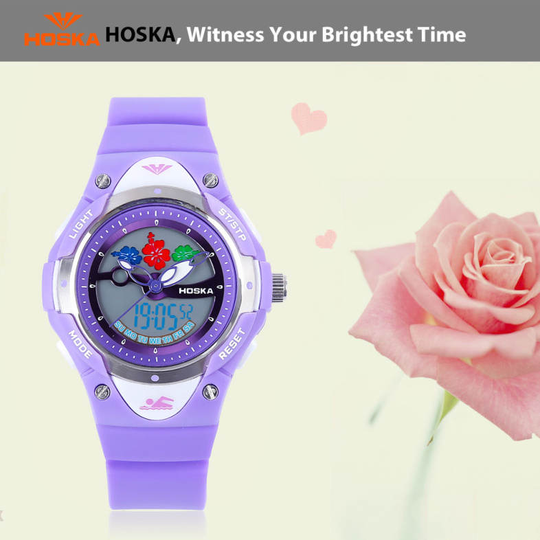 HOSKA HD023S Dual Movt Kids Quartz Watch Date Day Chronograph Display LED Digital Wristwatch