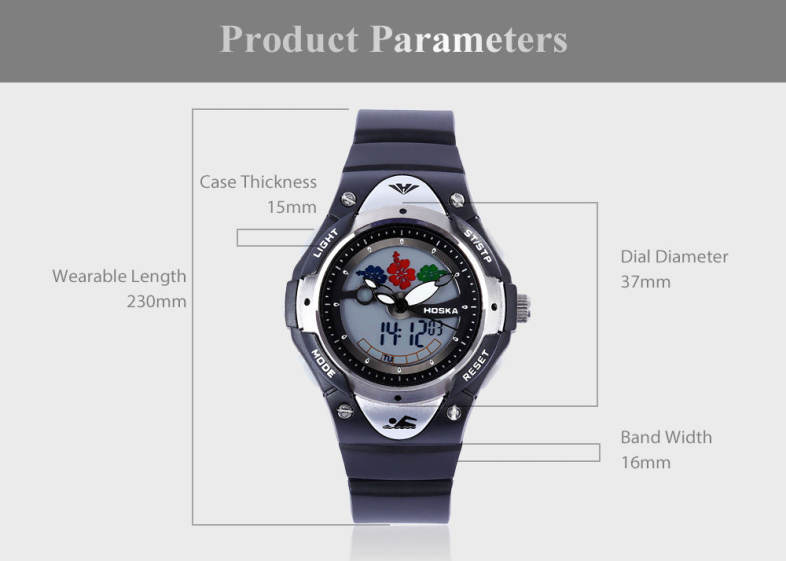 HOSKA HD023S Dual Movt Kids Quartz Watch Date Day Chronograph Display LED Digital Wristwatch