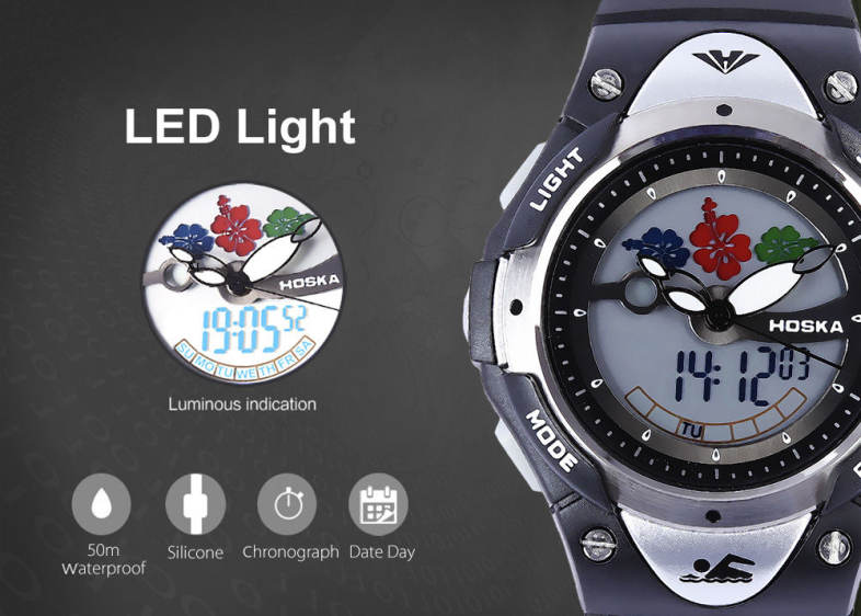 HOSKA HD023S Dual Movt Kids Quartz Watch Date Day Chronograph Display LED Digital Wristwatch