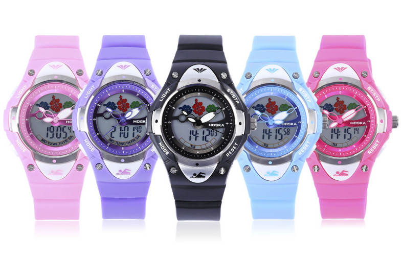 HOSKA HD023S Dual Movt Kids Quartz Watch Date Day Chronograph Display LED Digital Wristwatch