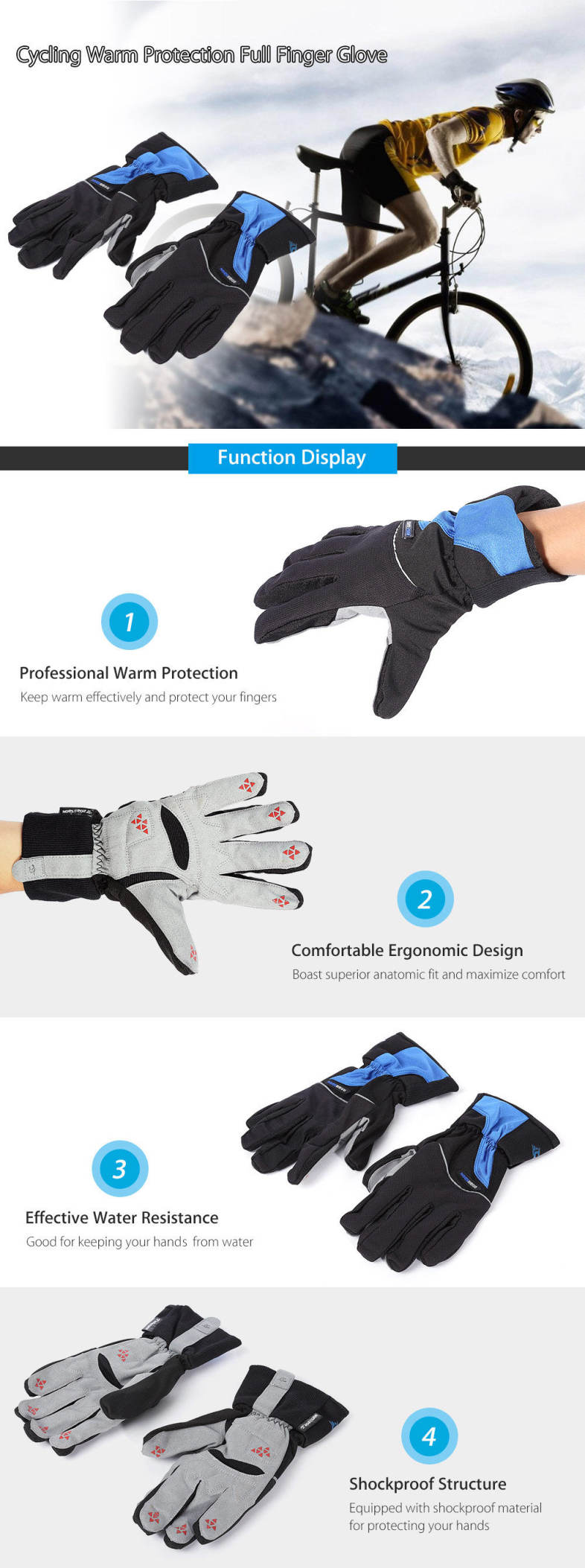Robesbon Paired Outdoor Warm Protection Windproof Water Resistant Bicycle Full Finger Glove