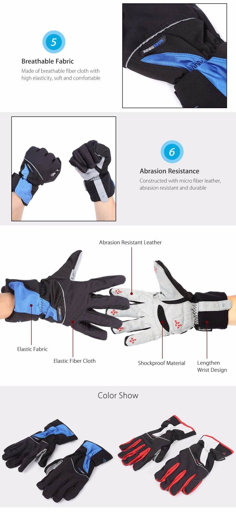 Robesbon Paired Outdoor Warm Protection Windproof Water Resistant Bicycle Full Finger Glove