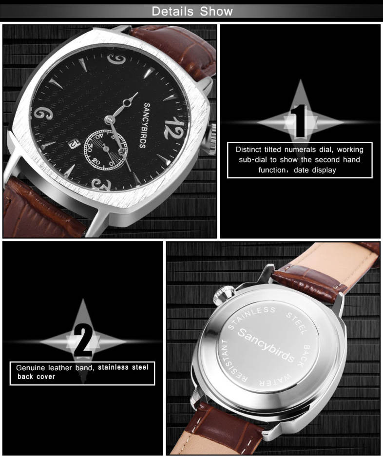 SANCYBIRDS FY981 Men Quartz Watch Tilt Numerals Dial Working Sub-dial Date Display Wristwatch