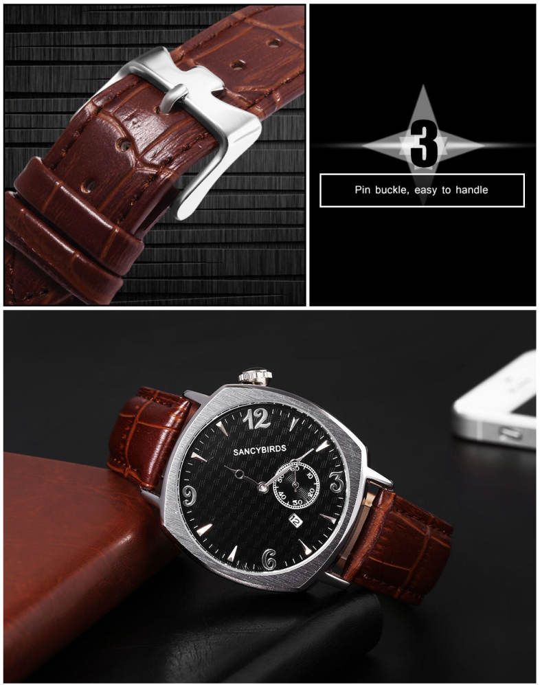 SANCYBIRDS FY981 Men Quartz Watch Tilt Numerals Dial Working Sub-dial Date Display Wristwatch