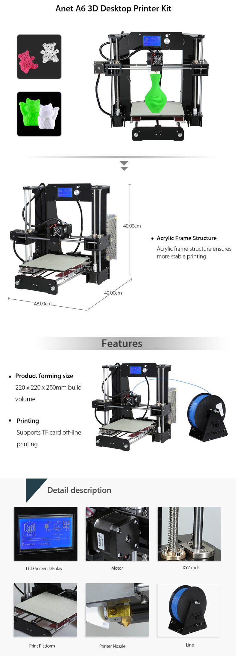 Anet A6 3D Desktop Printer Kit LCD Screen Display with TF Card Off-line Printing Function