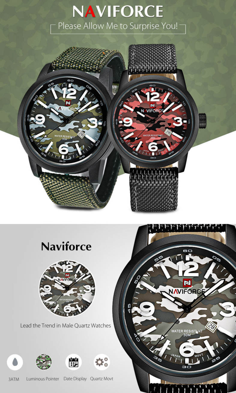 Naviforce 9080 Male Quartz Watch Luminous Date Display 3ATM Canvas Band Wristwatch Naviforce 9080 Male Quartz Watch Luminous Date Display 3ATM Canvas Band Wristwatch