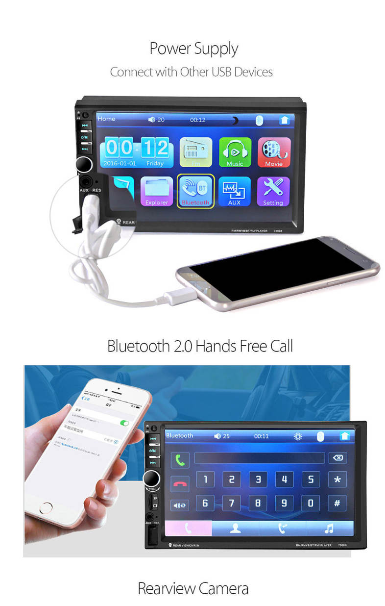 7060B 7 inch Car Audio Stereo MP5 Player 12V Auto Video Remote Control Rearview Camera