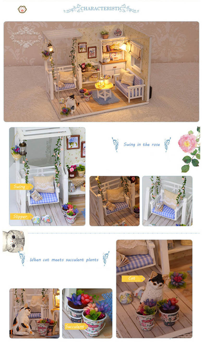 H - 013 DIY Wooden Doll House Furniture Handcraft Kit with Cover LED Light - Cat Diary