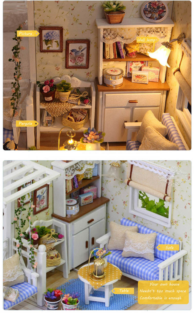 H - 013 DIY Wooden Doll House Furniture Handcraft Kit with Cover LED Light - Cat Diary