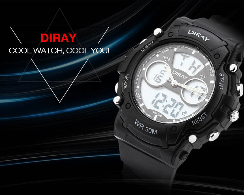 DIRAY DR - 330AD Children Dual Movt Sports Watch Calendar LED Display Chronograph Alarm 3ATM Wristwatch