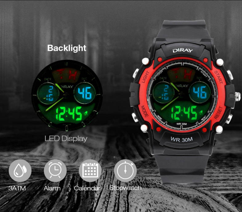 DIRAY DR - 330AD Children Dual Movt Sports Watch Calendar LED Display Chronograph Alarm 3ATM Wristwatch
