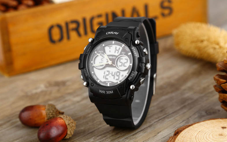 DIRAY DR - 330AD Children Dual Movt Sports Watch Calendar LED Display Chronograph Alarm 3ATM Wristwatch