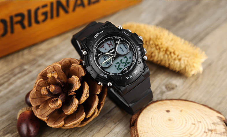 DIRAY DR - 330AD Children Dual Movt Sports Watch Calendar LED Display Chronograph Alarm 3ATM Wristwatch