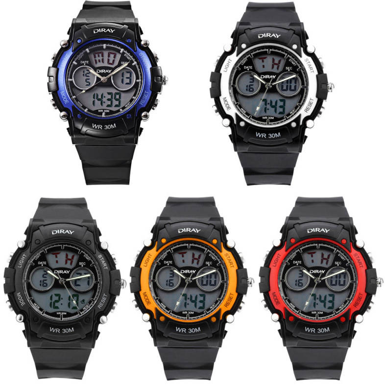 DIRAY DR - 330AD Children Dual Movt Sports Watch Calendar LED Display Chronograph Alarm 3ATM Wristwatch