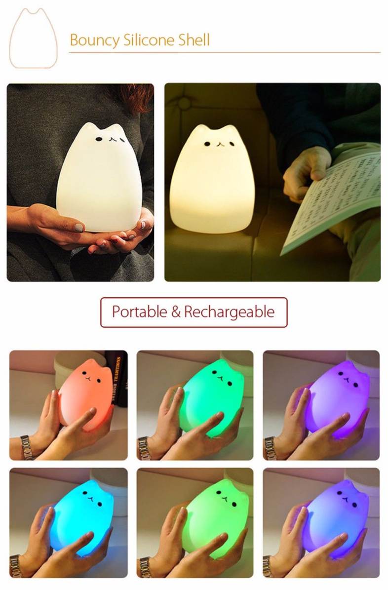 Color Changing Silicone Cat Night Light Baby Nursery Bedside Lamp