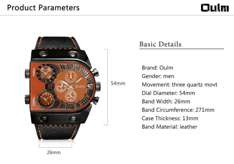 Oulm Multi-Function 3-Movt Quartz Leather Wristwatch Men Military Sports Watch
