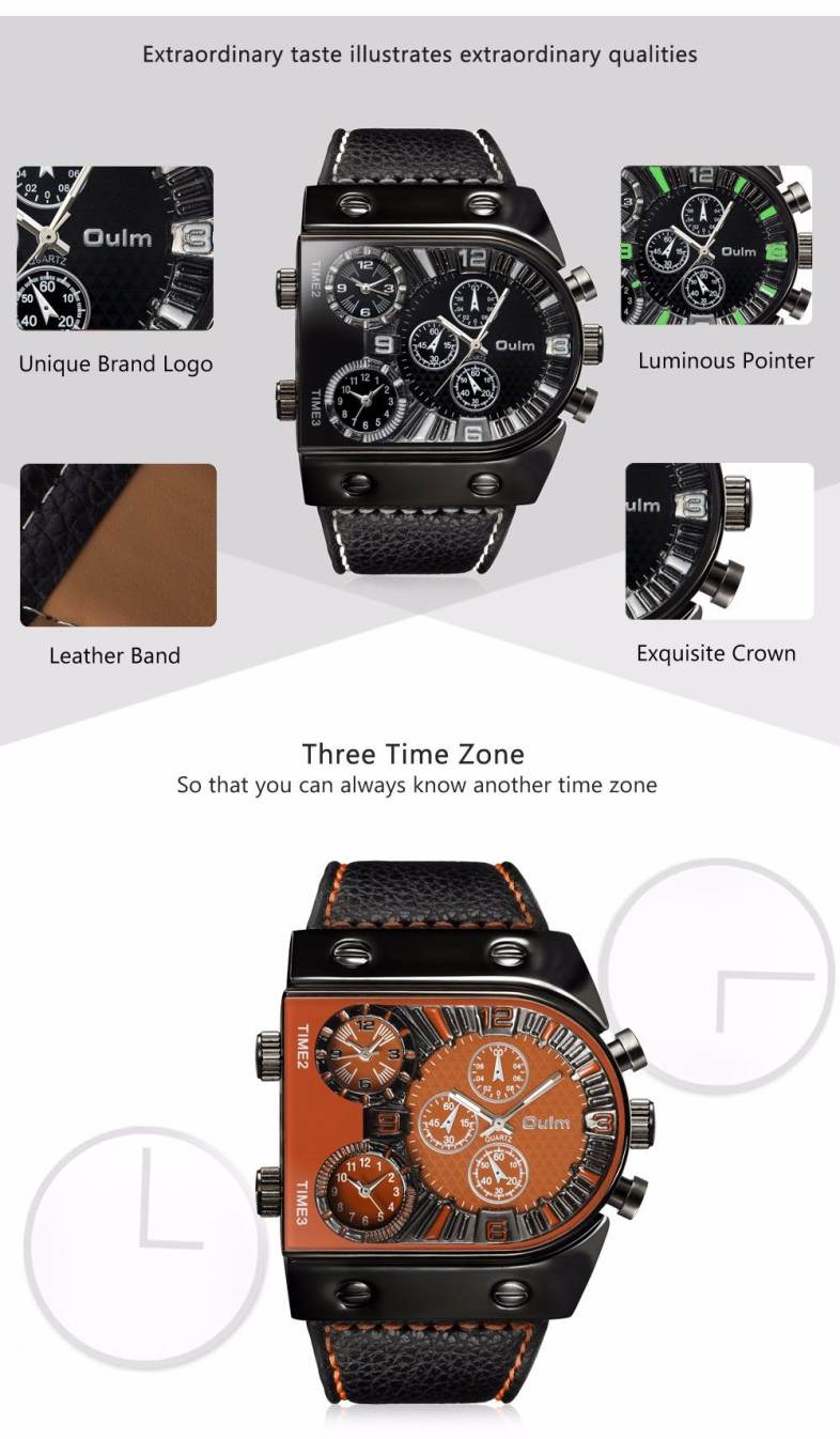 Oulm Multi-Function 3-Movt Quartz Leather Wristwatch Men Military Sports Watch