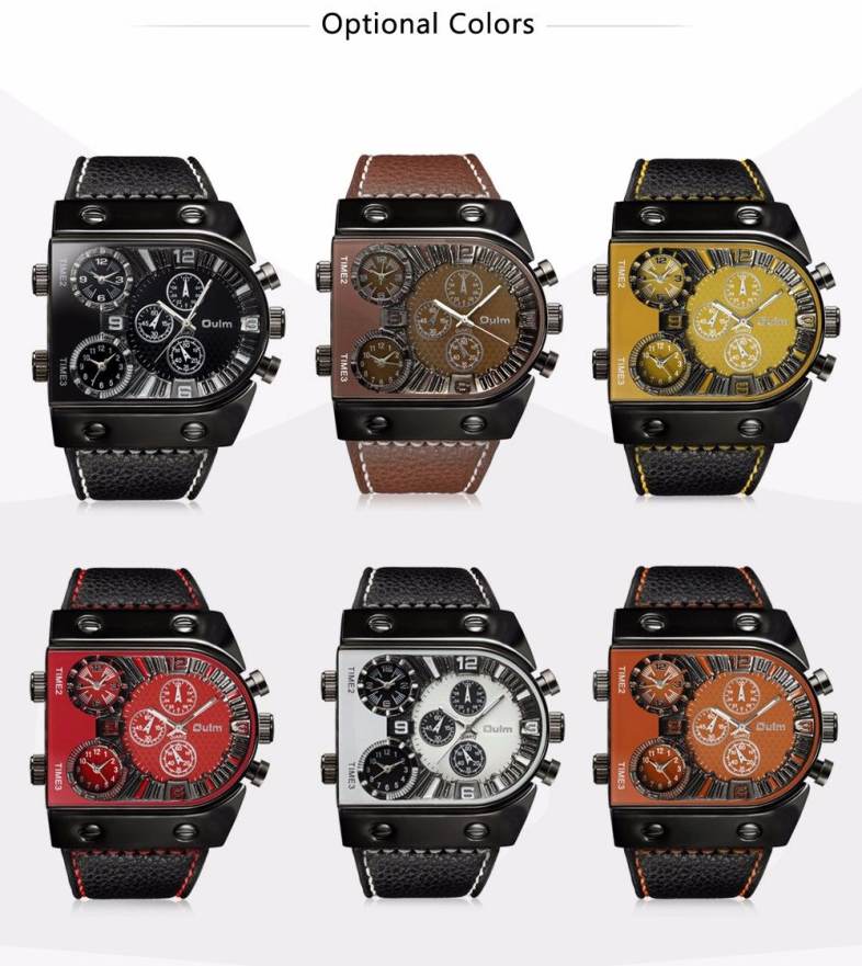 Oulm Multi-Function 3-Movt Quartz Leather Wristwatch Men Military Sports Watch