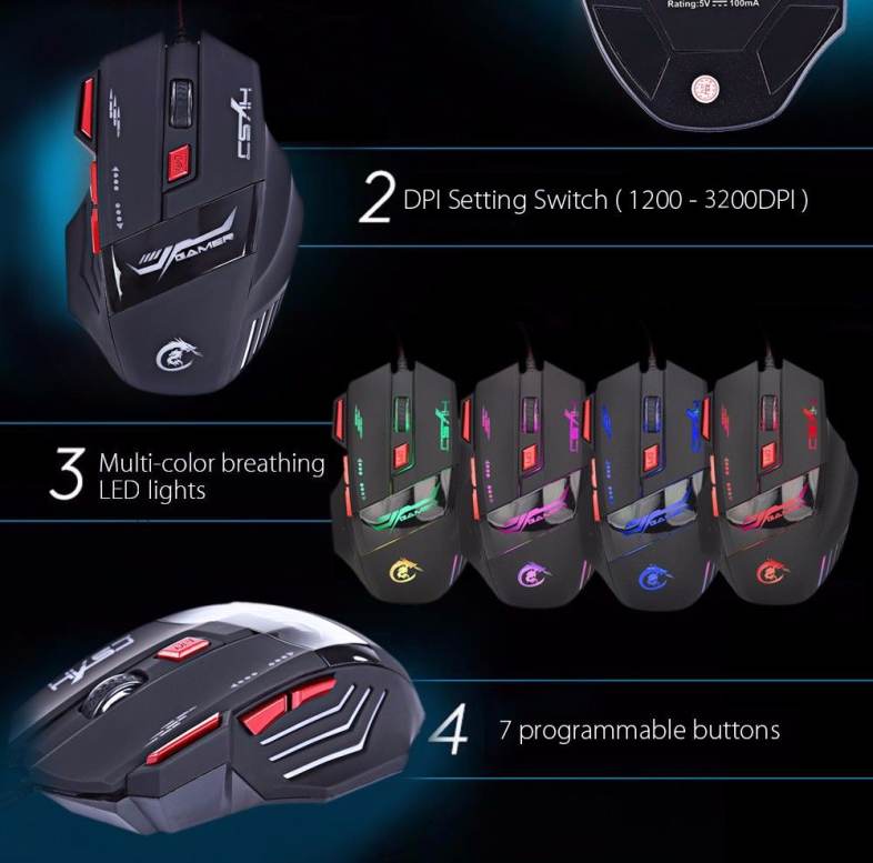 HXSJ H100 3200DPI Wired Optical Game Mouse with LED Light