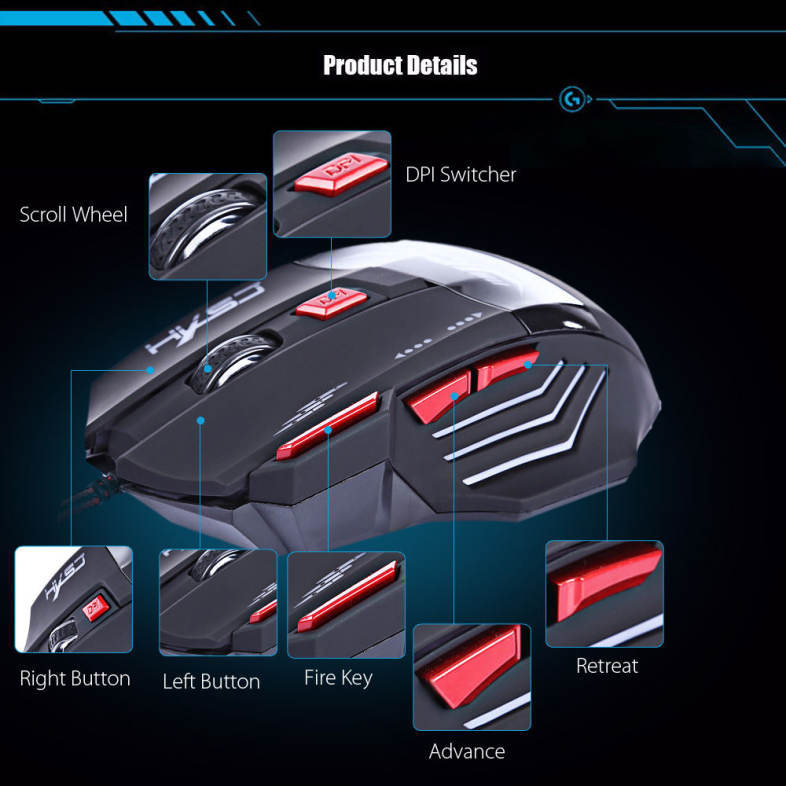 HXSJ H100 3200DPI Wired Optical Game Mouse with LED Light