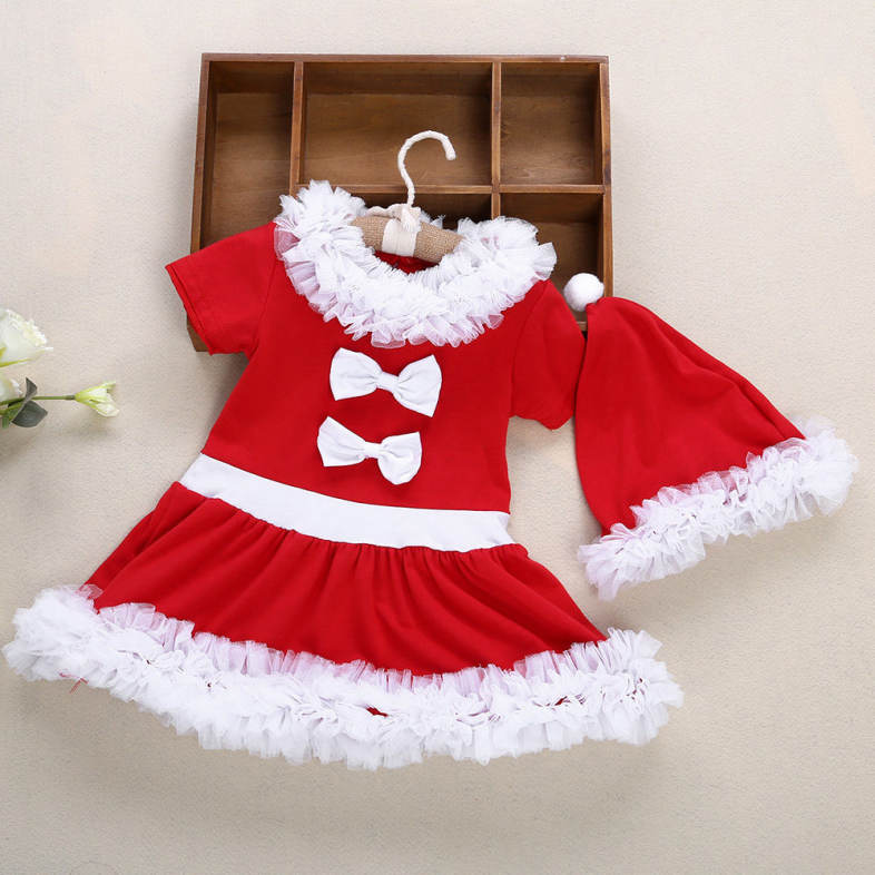 2pcs Girl Child Sweet Christmas Gift Lace Bowknot Ruffle Round Collar Short Sleeve Skirt Dress Hat