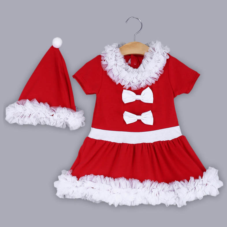 2pcs Girl Child Sweet Christmas Gift Lace Bowknot Ruffle Round Collar Short Sleeve Skirt Dress Hat