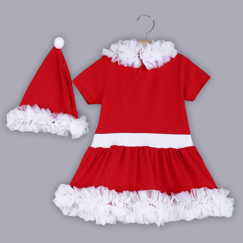 2pcs Girl Child Sweet Christmas Gift Lace Bowknot Ruffle Round Collar Short Sleeve Skirt Dress Hat