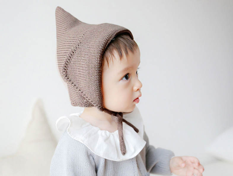Cute Pure Color Tie Ear Baby Knitted Baby Hat