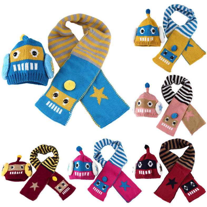 2pcs Sweet Baby Child Robot Shape Star Smile Face Hat Striped Scarf