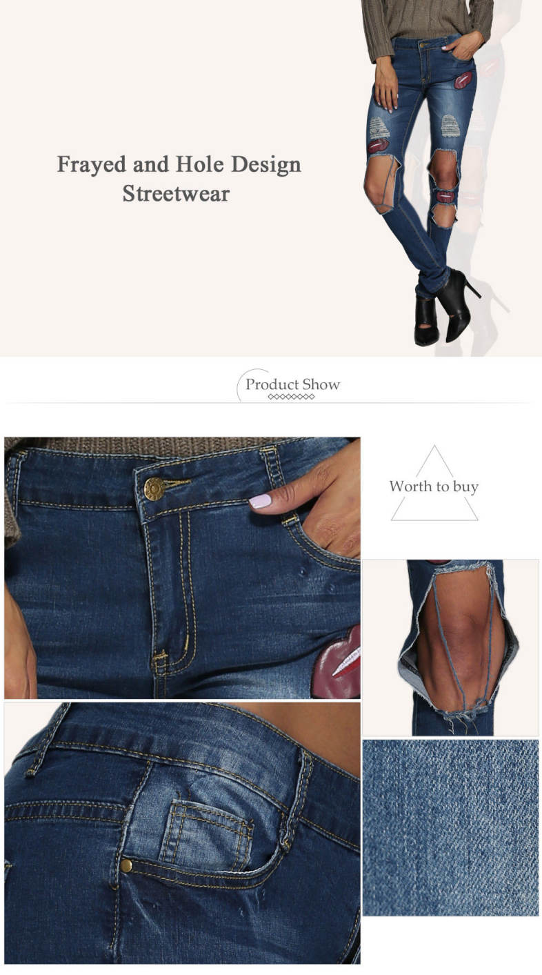 Street Style Mid Waist Patchwork Design Hole Women Jeans