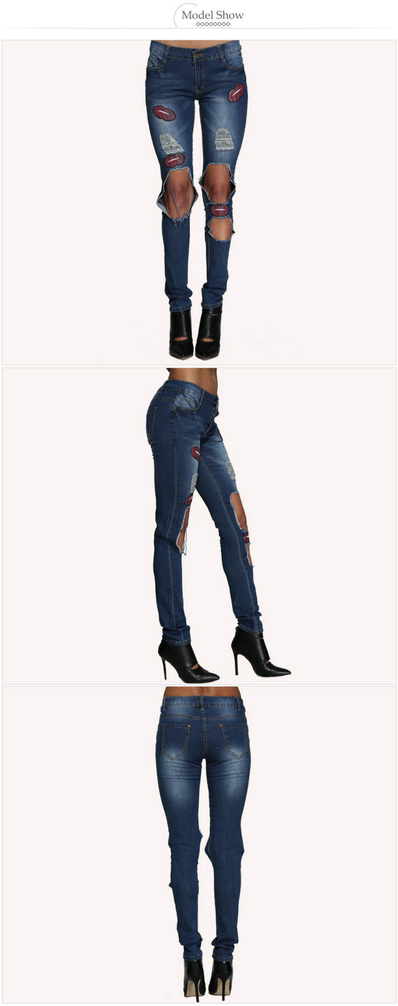 Street Style Mid Waist Patchwork Design Hole Women Jeans