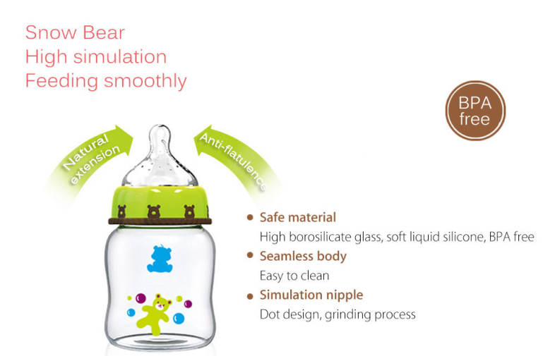 Snow Bear Cute Cartoon Animal Print 160ml Lip Simulation Wide Neck Glass Feeding Bottle