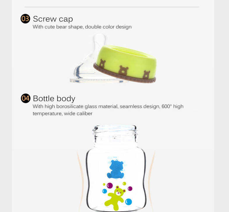 Snow Bear Cute Cartoon Animal Print 160ml Lip Simulation Wide Neck Glass Feeding Bottle